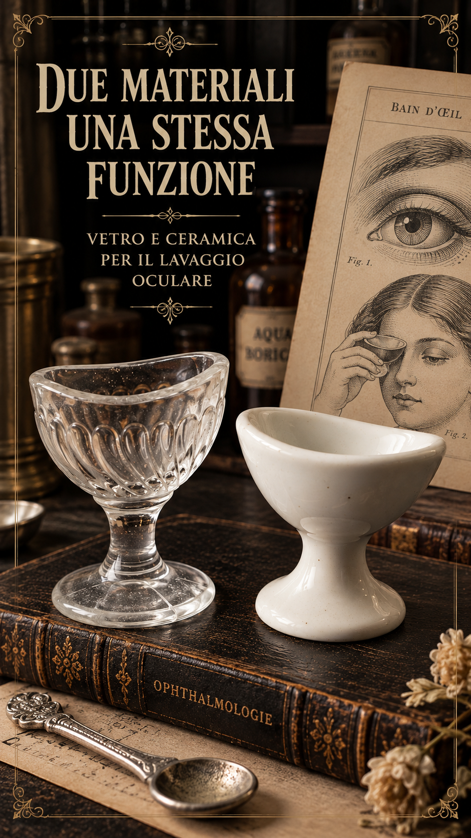 Coppia di Lavaocchi antichi, ceramica e vetro, strumenti medicali d’epoca