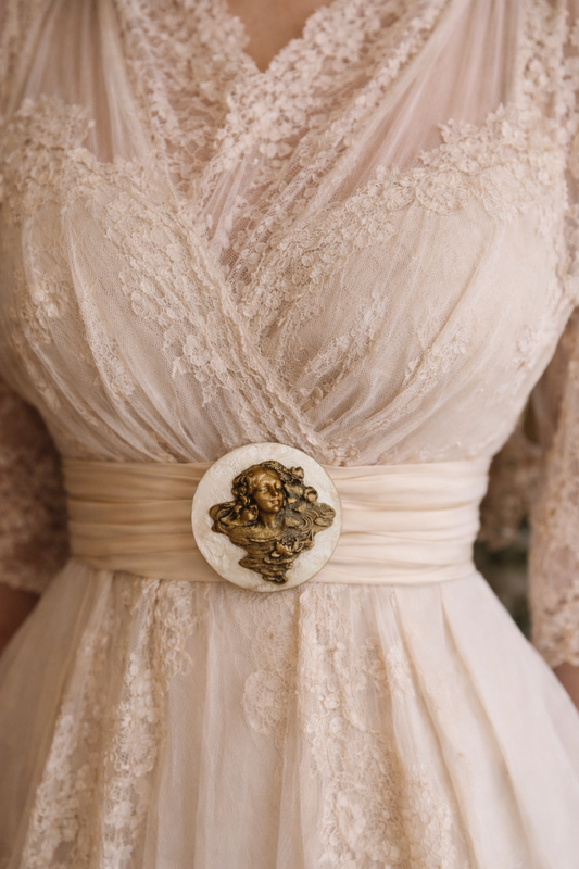 Gioiello grande clip per abiti Liberty, madreperla e ritratto a rilievo, primo ‘900