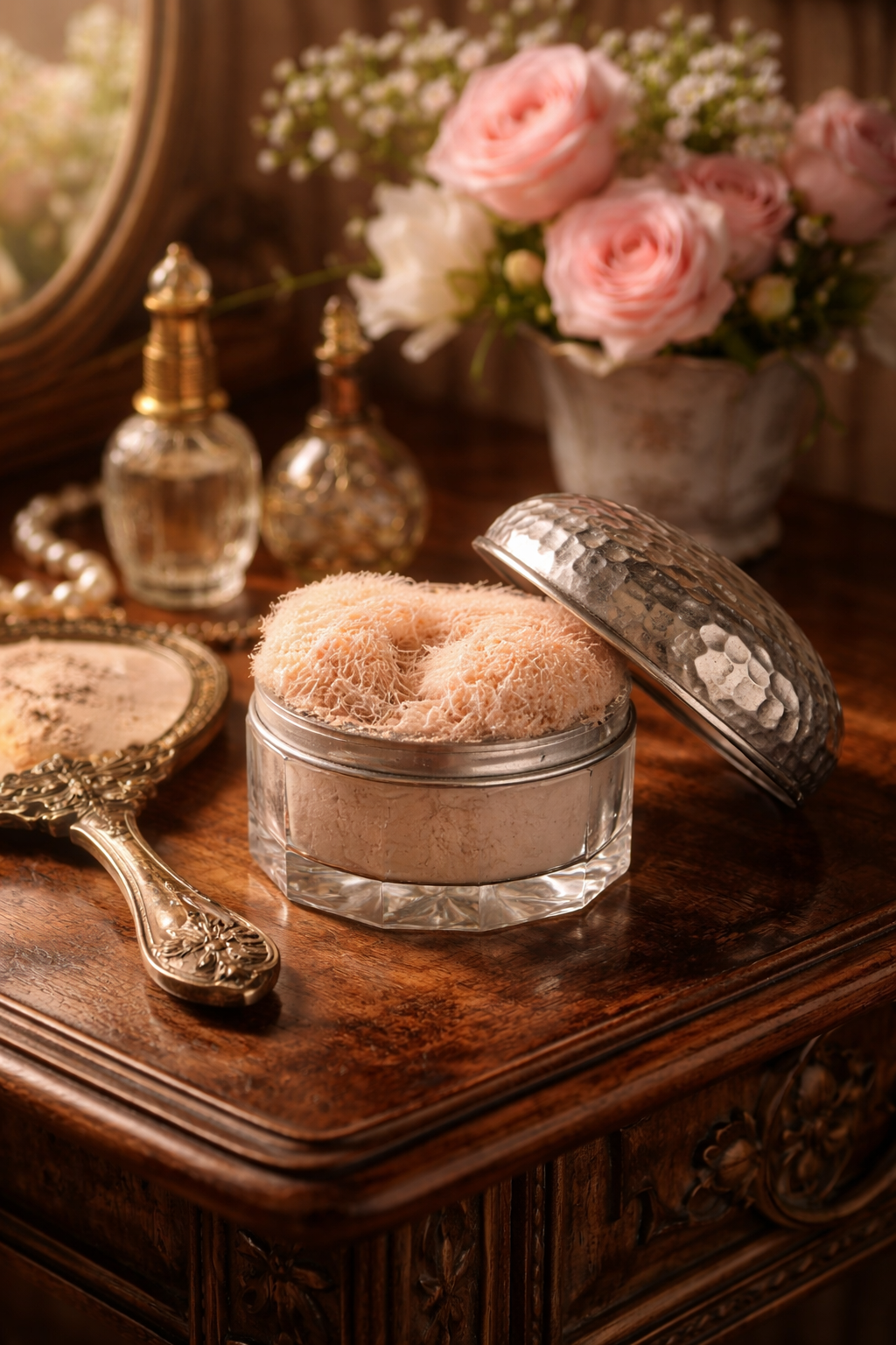 Antico portacipria in cristallo molato e argento pieno francese, completo di cipria e piumino