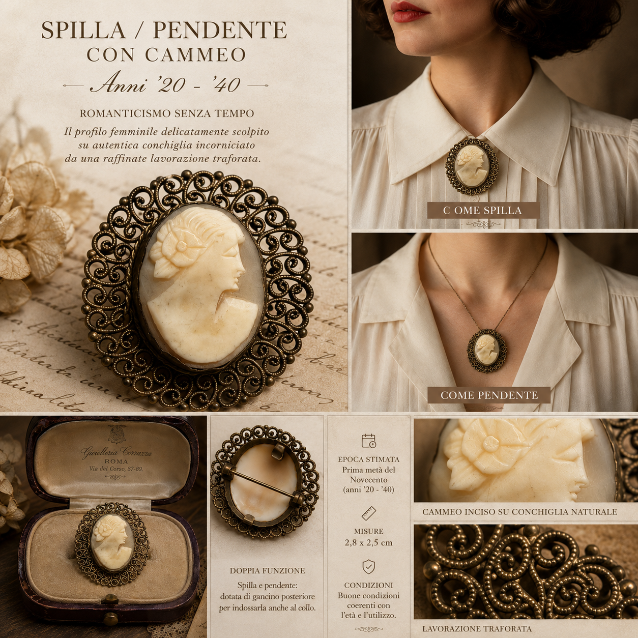 Spilla - pendente con autentico cammeo su conchiglia, anni ‘20-‘40