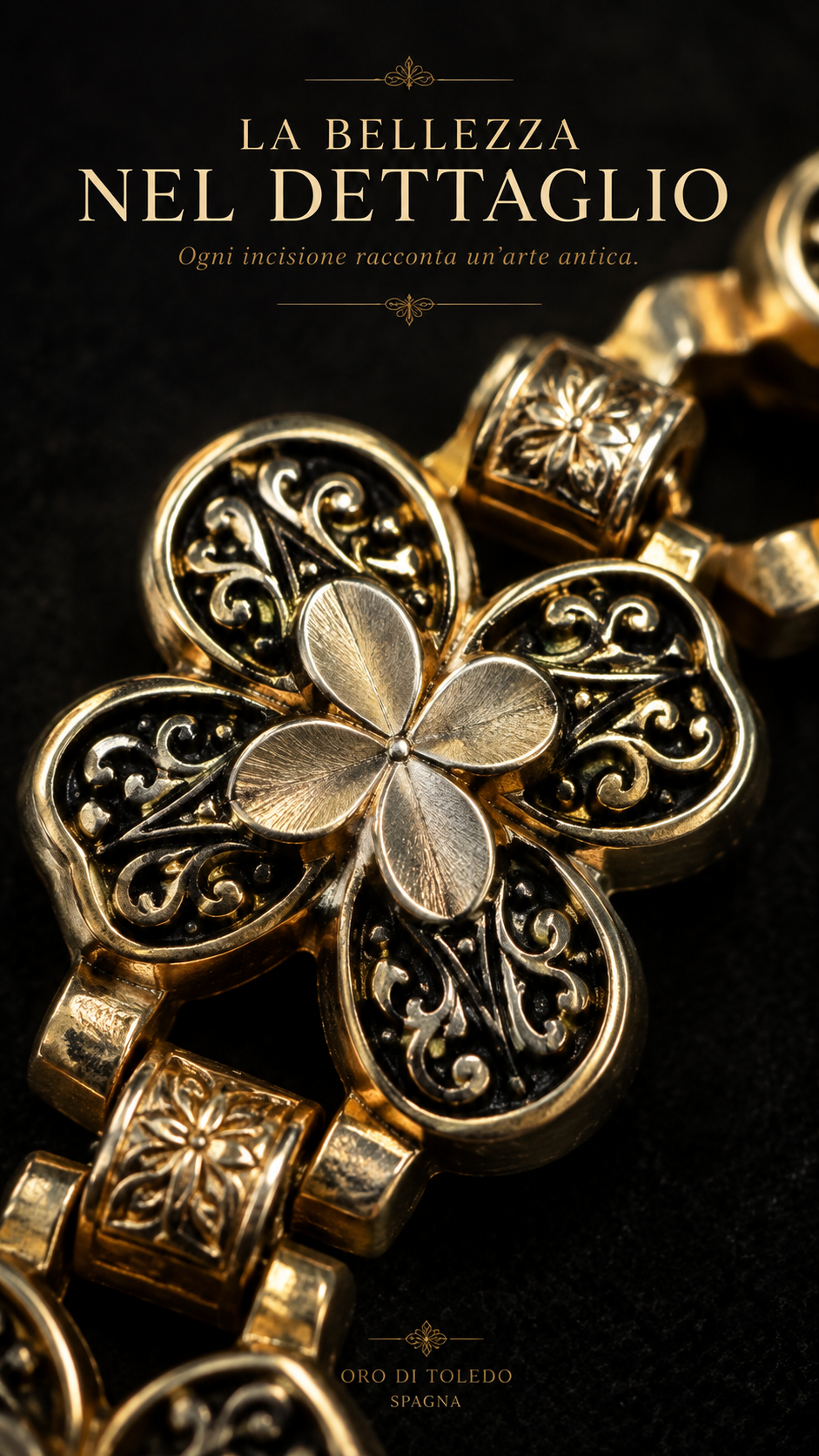 Bracciale “Oro di Toledo” arte spagnola, con catenella di sicurezza, anni ‘40-‘50