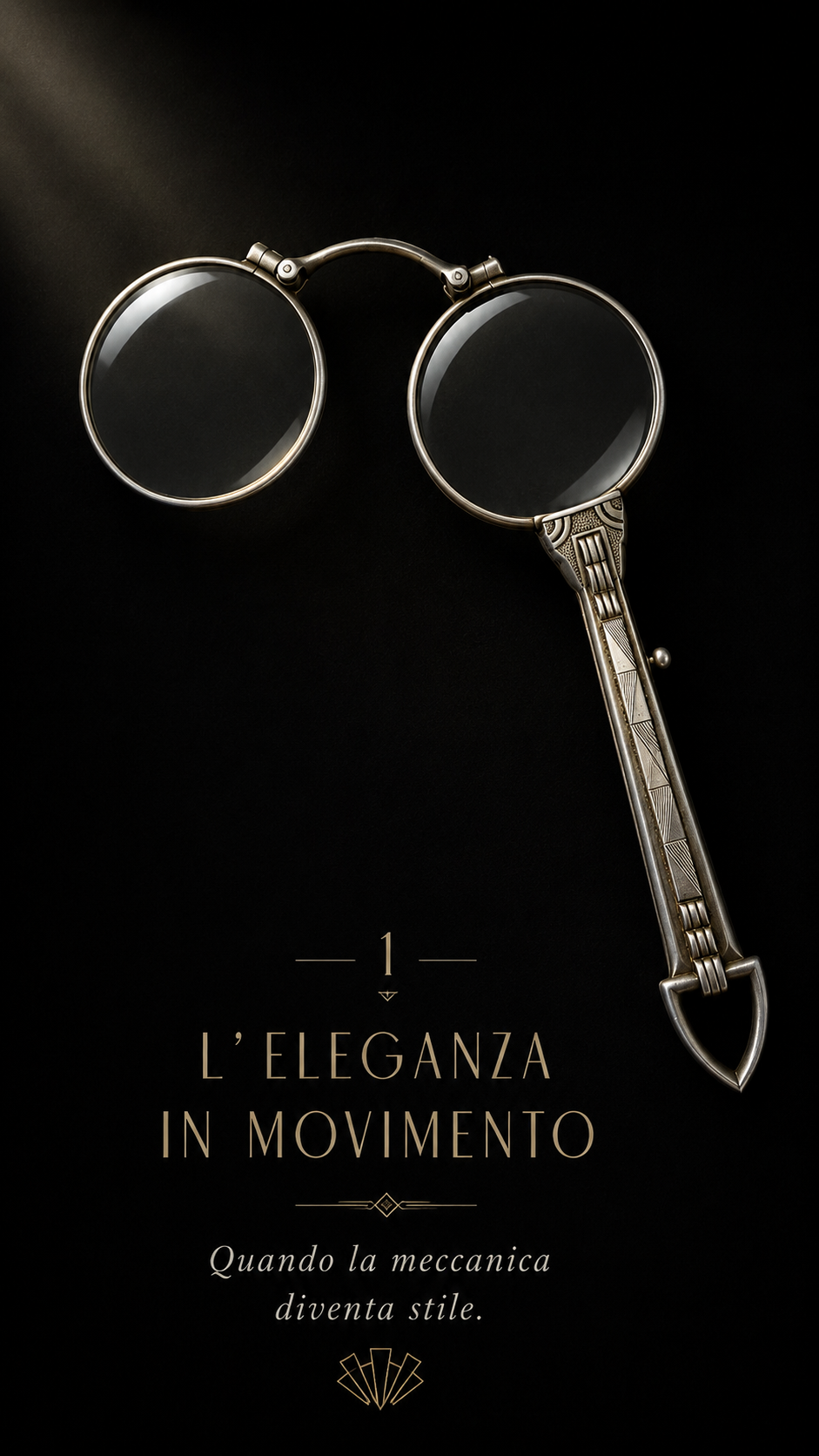 Antichi occhiali da lettura “lorgnette” con prezioso decoro déco e meccanismo di chiusura