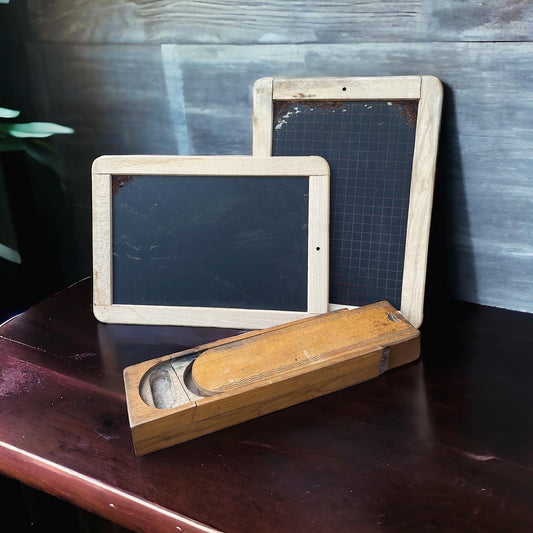 Antique school set, pair of blackboards and plumber