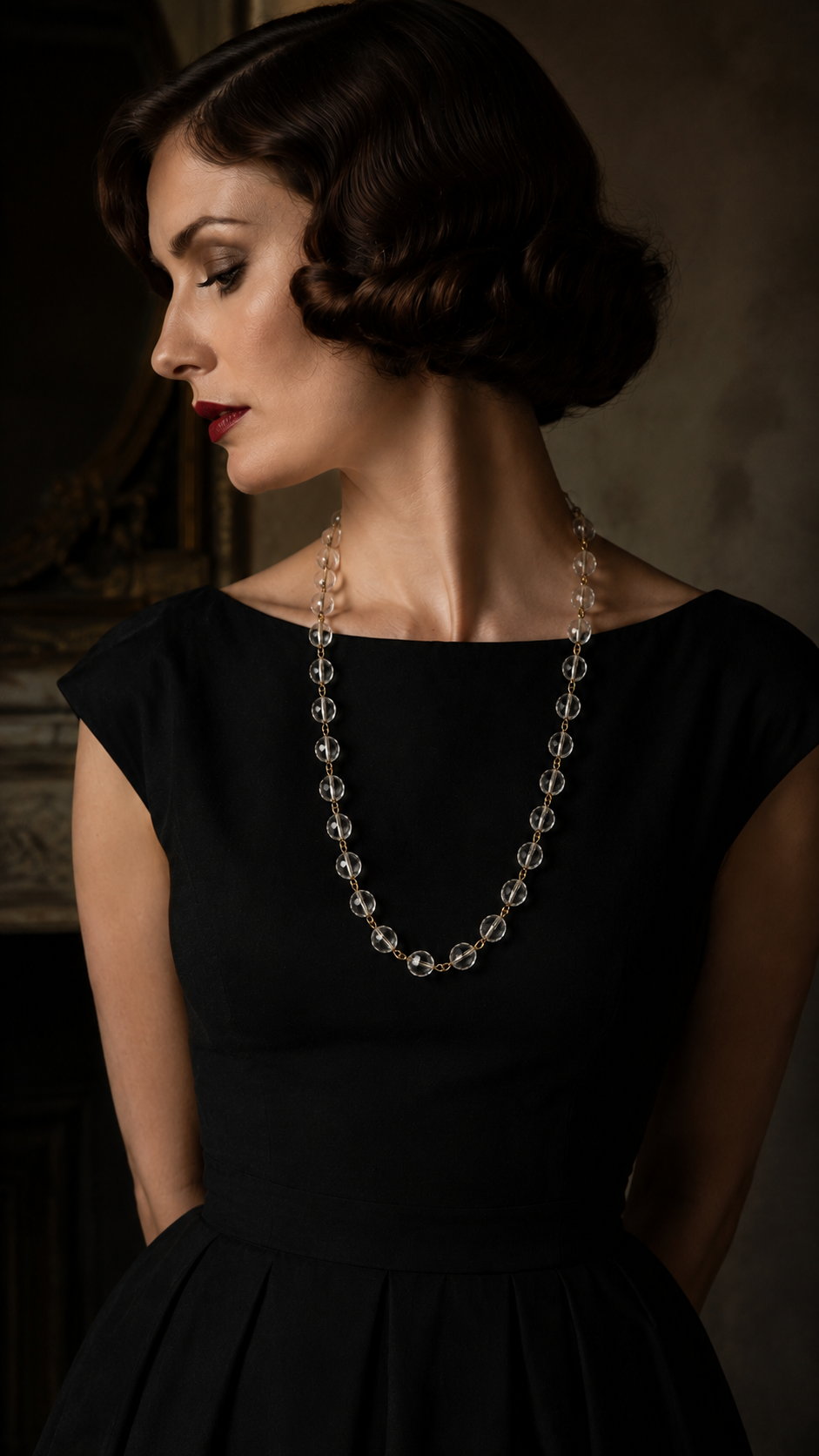 Collana 80 cm continua in perle di vetro sfaccettato montare su catenella dorata, fine 40s primi 50s