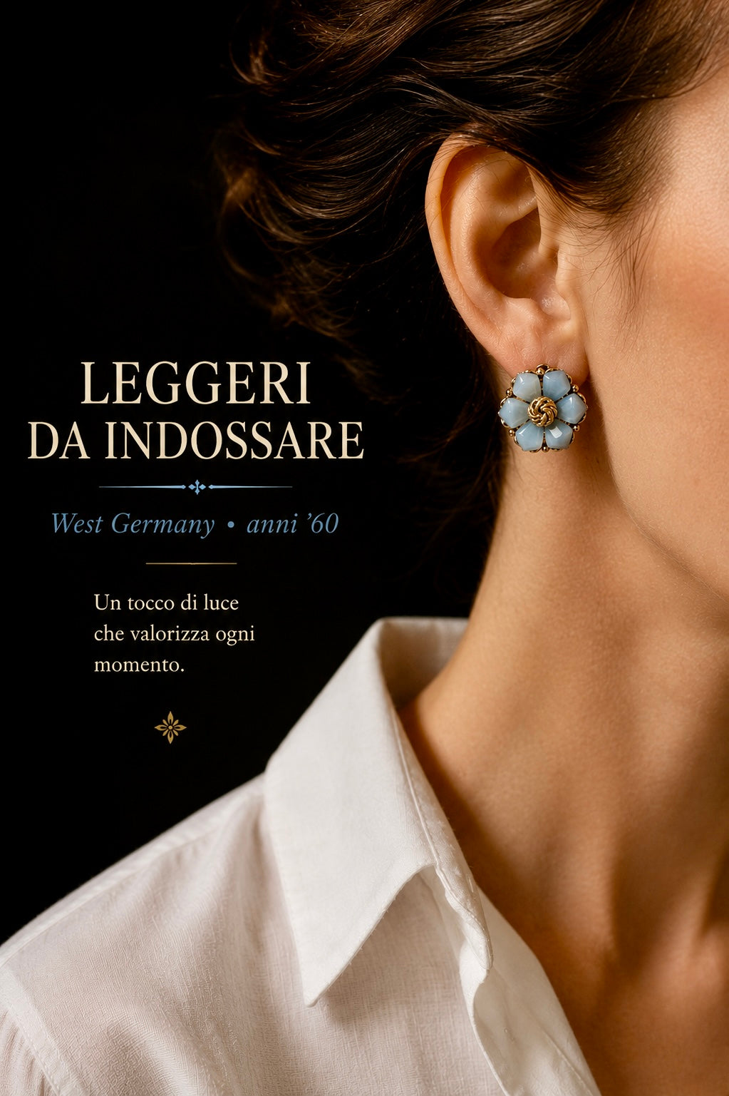 Orecchini clip firmati West Germany anni ‘50-‘60 con chips in vetro azzurro latte