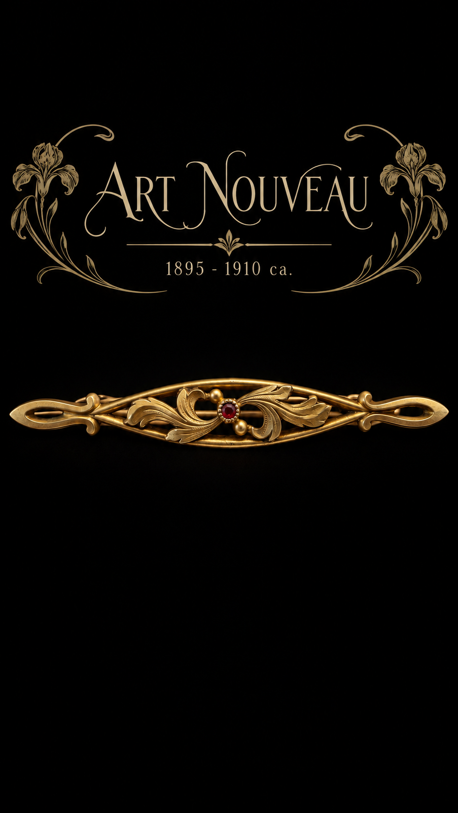 Spilla gioiello Art Nouveau dorata con piccolo prob. Granato fine ‘800 primi ‘900 a barretta