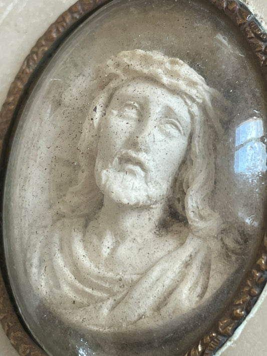 Antico medaglione da parete, Christus Patiens dietro vetro bombato, fine ‘800 - primo ‘900