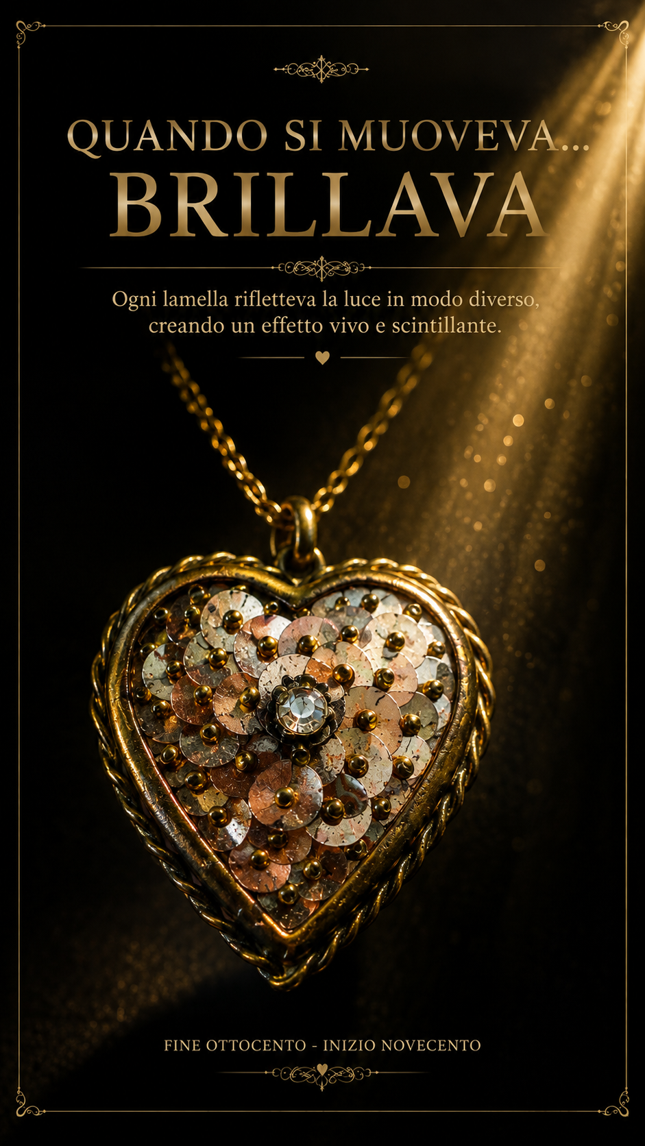 Pendente ciondolo antico fine ‘800 primo ‘900 cuore con paillettes e castone brillante