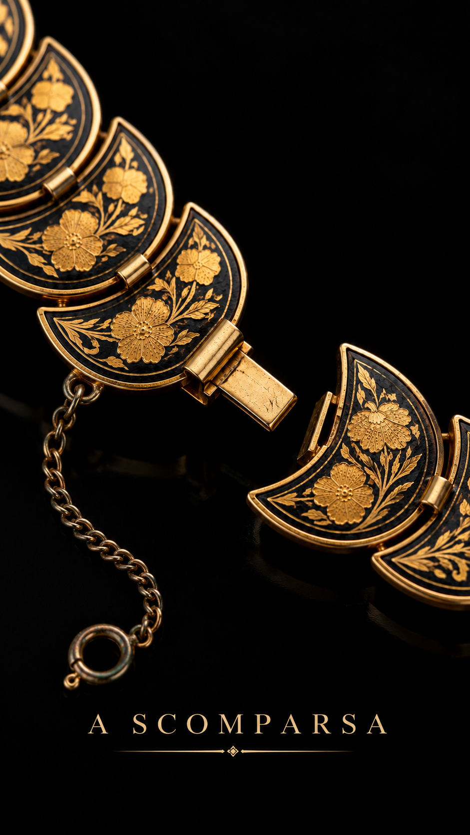 Bracciale damaschinato Oro di Toledo con chiusura a scomparsa e catenella di sicurezza, 60s ca