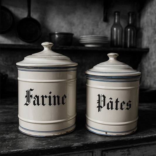 Coppia di barattoli provenzali smaltati francesi, anni ‘30, smalteria Étoile