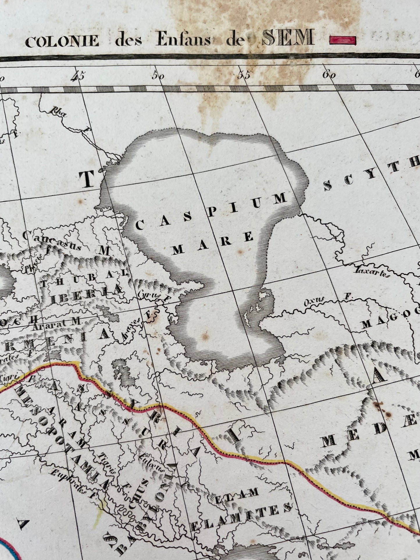 Rara mappa antica del 1829, cartina rappr. Dispersione figli di Noè dopo il Diluvio