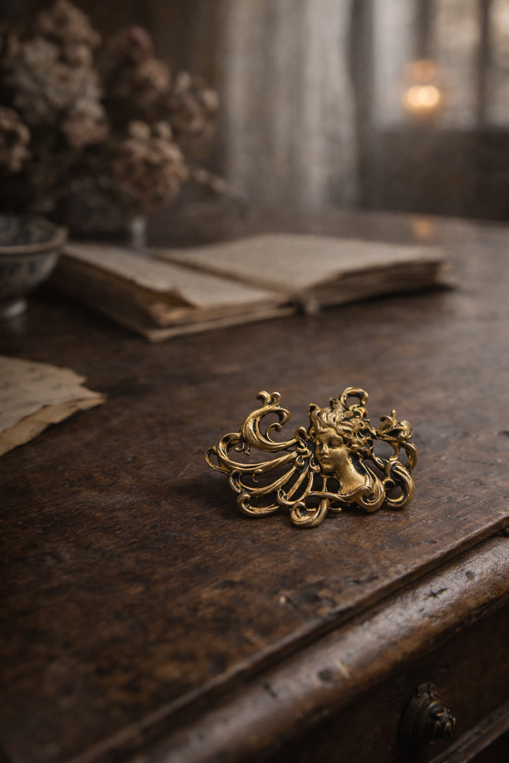 Spilla Liberty revival in lega, la donna & la metamorfosi in Natura