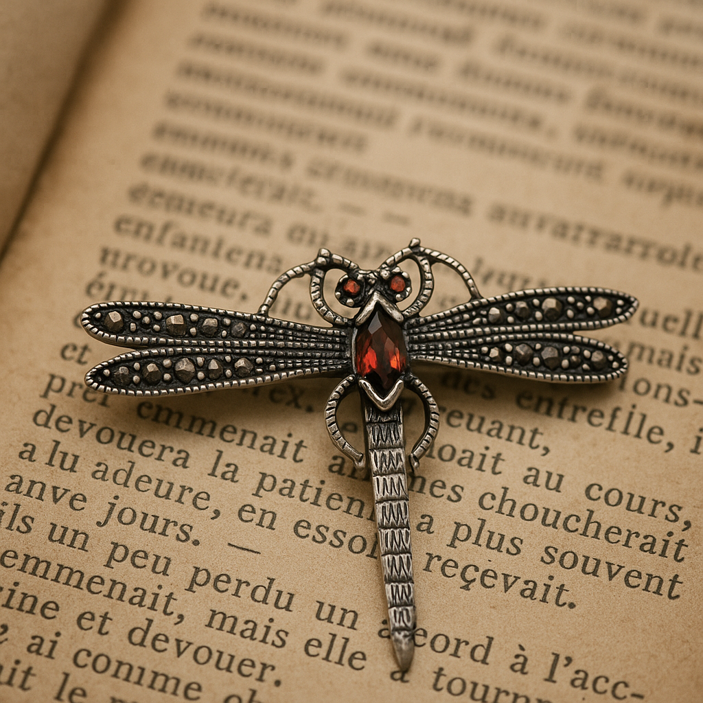 Spilla in argento e vetri boemi a guisa di libellula