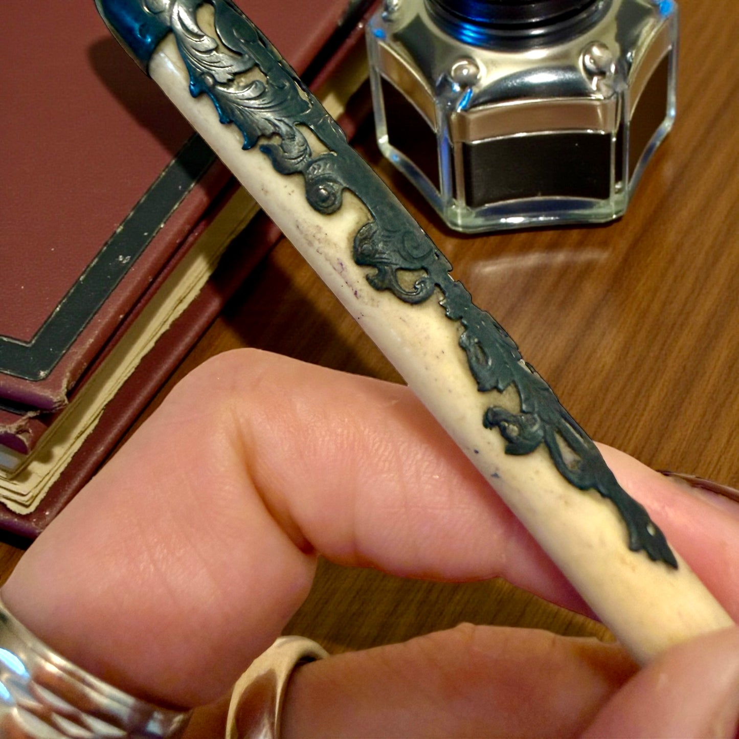 Antica penna da signora in osso ed argento, fine ‘800 primo ‘900