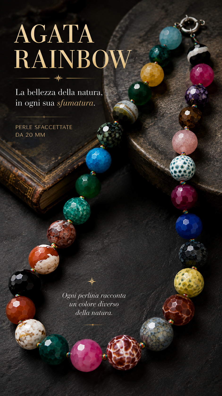 Meravigliosa collana, Agata Rainbow, perle sfaccettate infilate e annodate a Mano