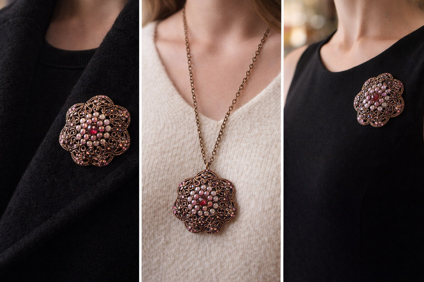 Gioiello doppio: spilla o pendente vintage 70s bigiotteria Americana con strass rosa