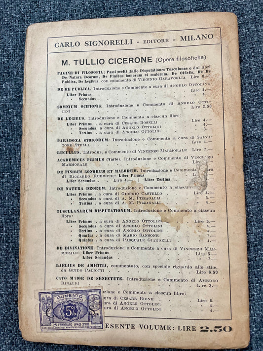 Somnium Scipionis con note di Ottolini, edizione con marca da bollo del Ministero delle Corporazioni del Regime, 1940