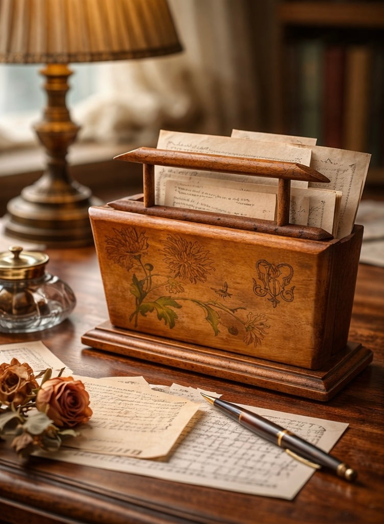 Antico porta lettere da scrittoio richiudibile, Liberty, monogramma M R