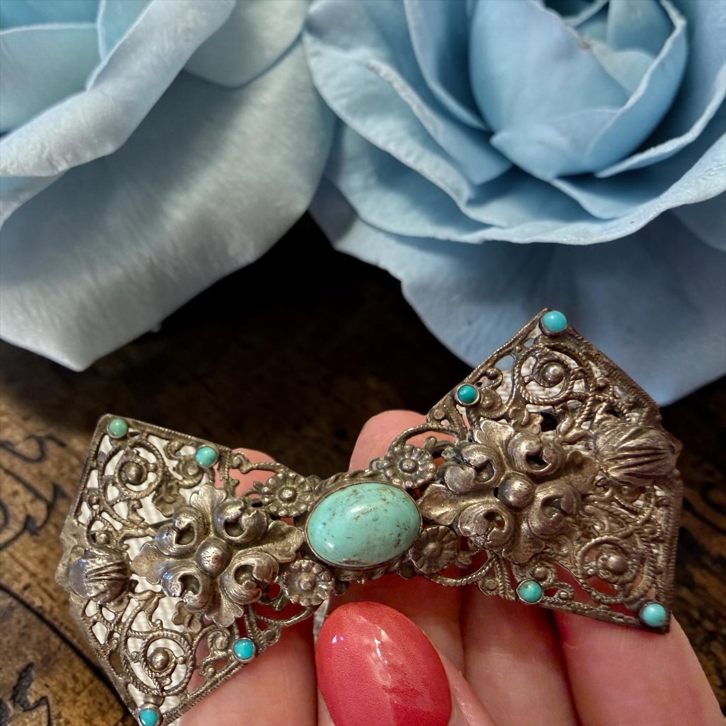 Spilla art déco a papillon anni ‘30 in argento 800 con turchese