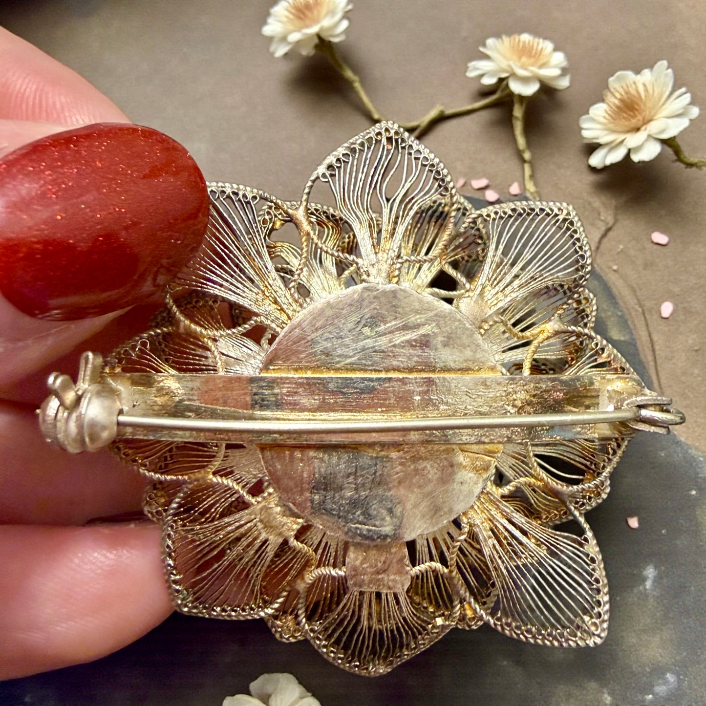 Spilla floreale in finissima filigrana d’argento utilizzabile anche come pendente gioiello ￼