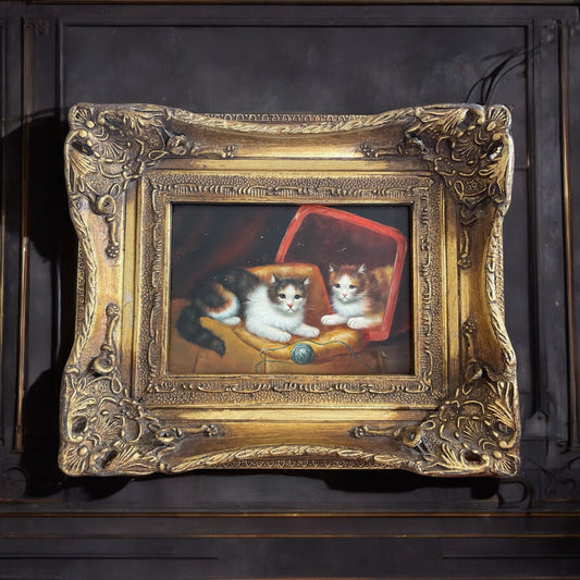 Dipinto inglese con gattini olio su tavoletta, anni ‘40 cornice coeva