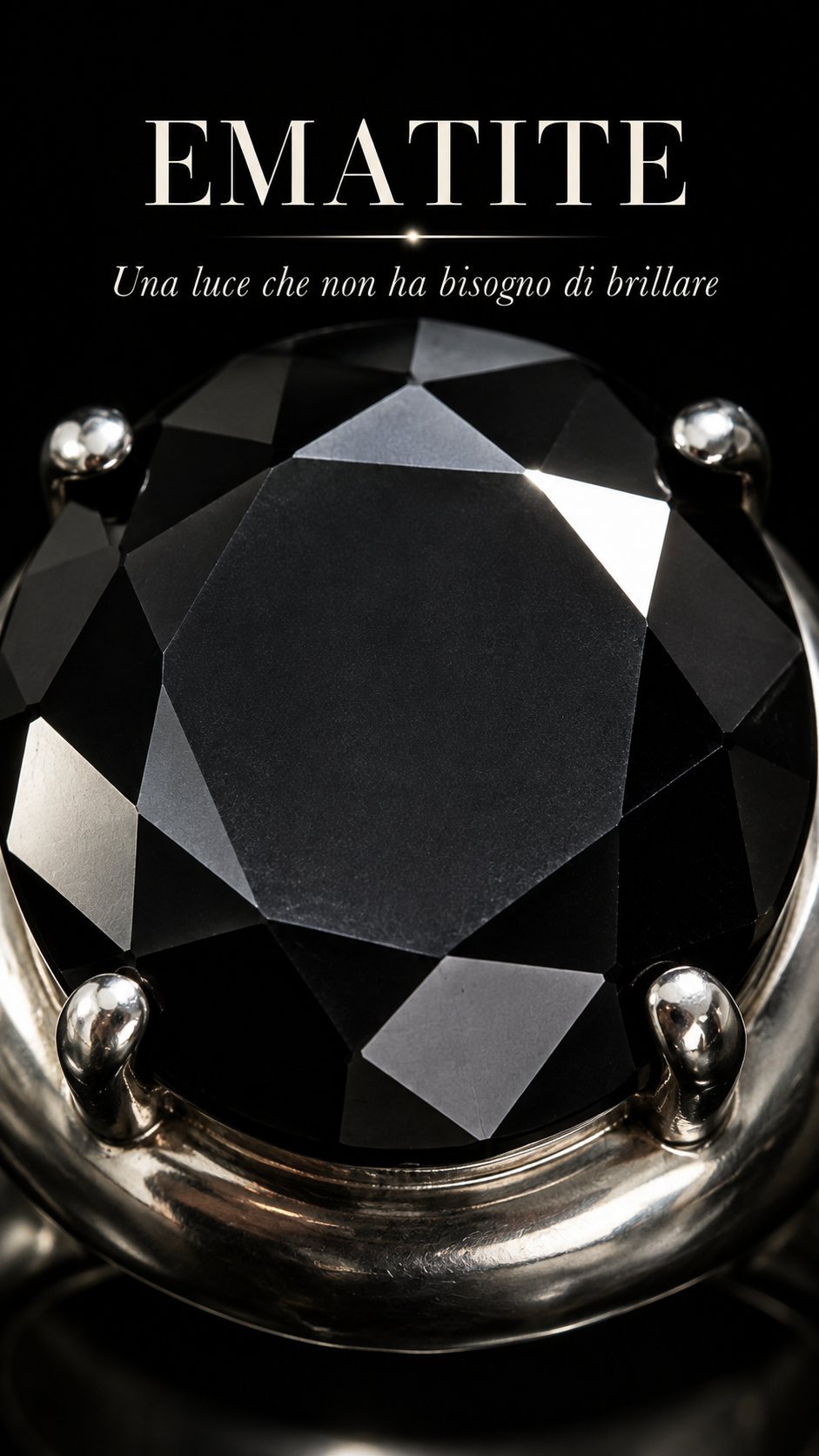 Importante anello con grande solitario cabochon sfaccettato nero, argento 925, punzonato, anni ‘70 ca