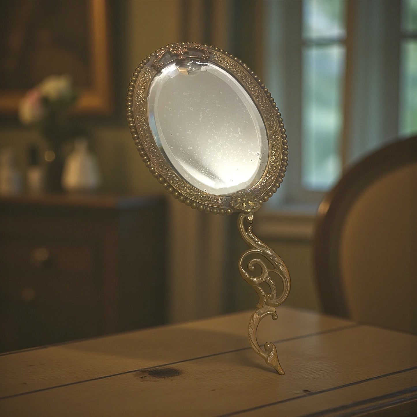 Antico specchio da mano al mercurio, fine ‘800 finemente lavorato