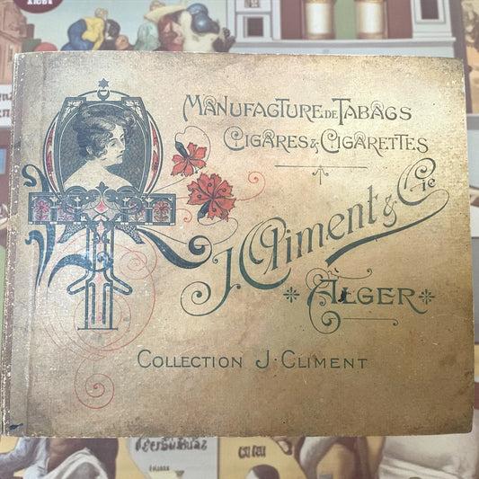 Antico album di Ephemera pubblicitari 1906, foto virate femminili, completo, Climent pz 400.