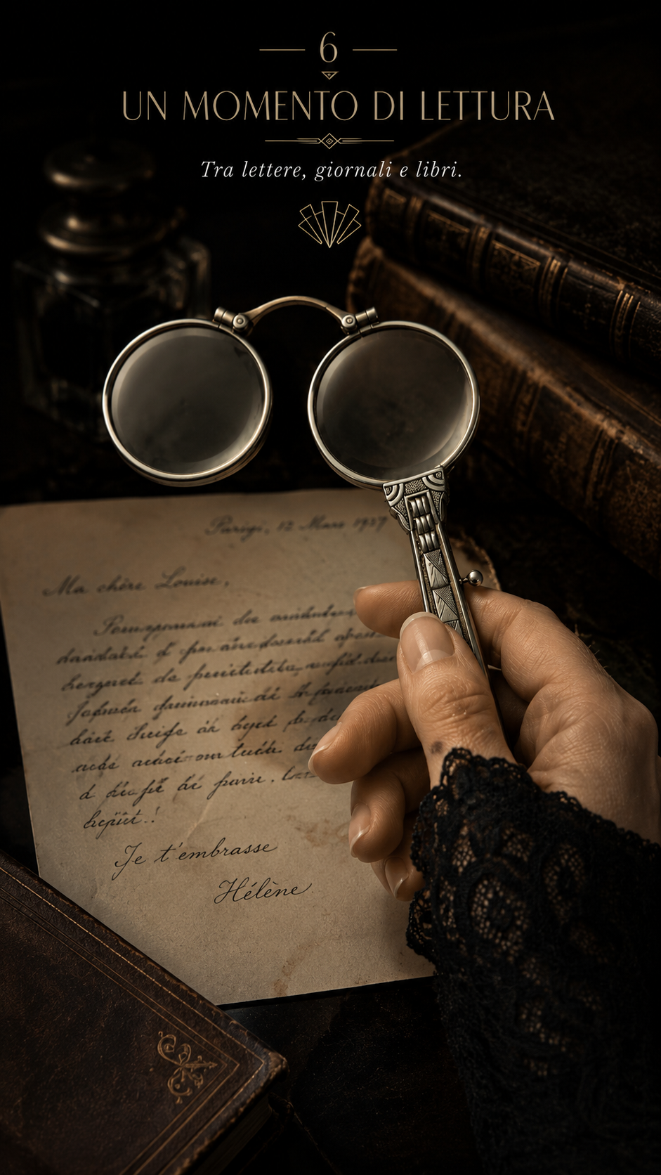Antichi occhiali da lettura “lorgnette” con prezioso decoro déco e meccanismo di chiusura