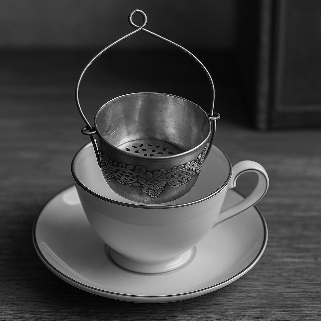 Antico passe-the o colino da tè in metallo argentato, tardo Déco