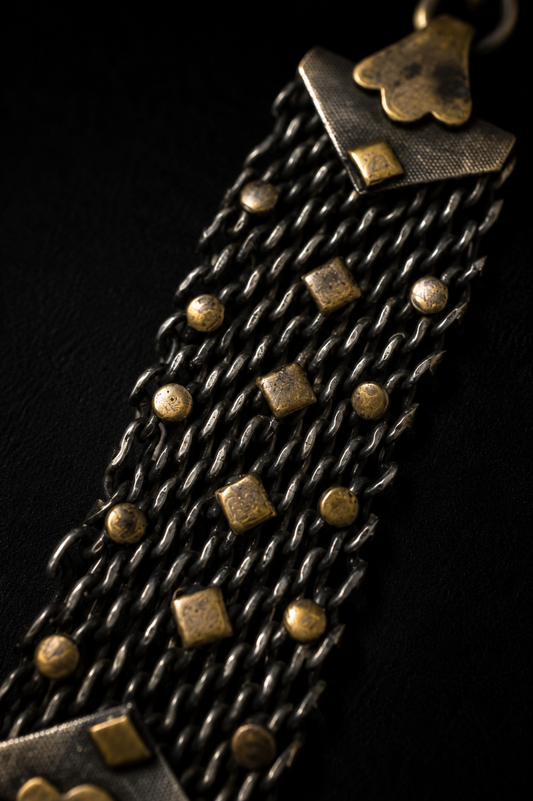 Albert chain da panciotto con maglia argentata e placchette dorate, breloque egittizzante, primo ‘900