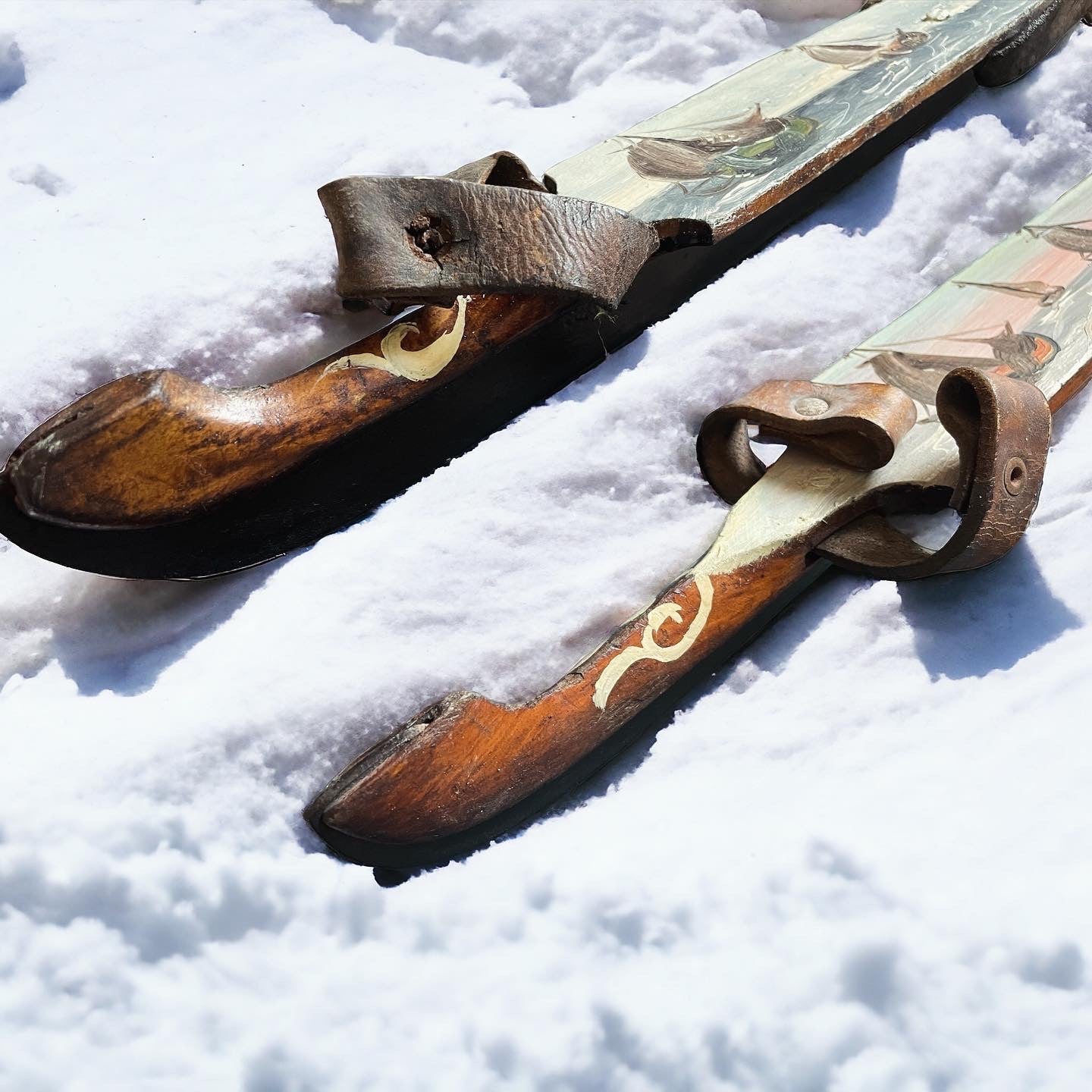 Skis ice skates painted antique