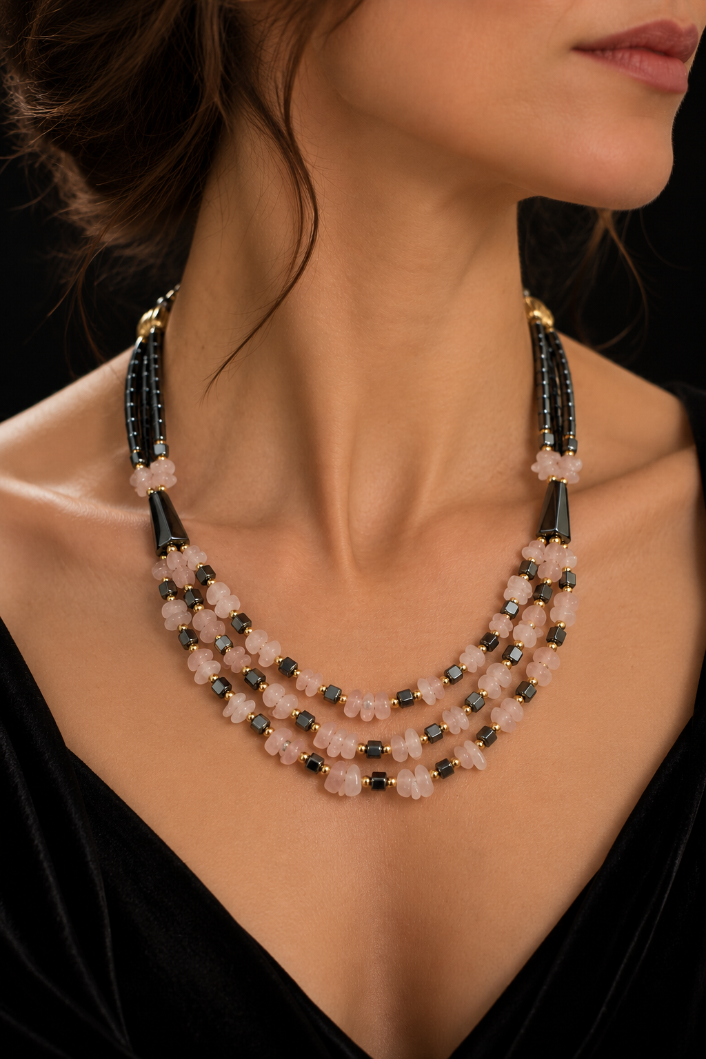 Collana architettonica anni ‘60 in ematite e quarzo rosa con chiusura in argento