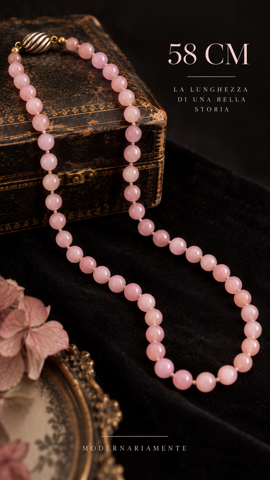 Collana 58 cm perle di pasta di vetro annodate a mano con chiusura gioiello a conchiglia