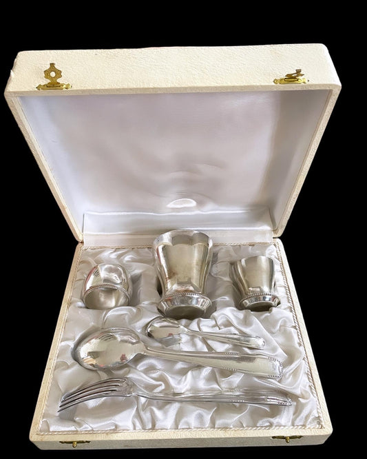 Antique silver birth set