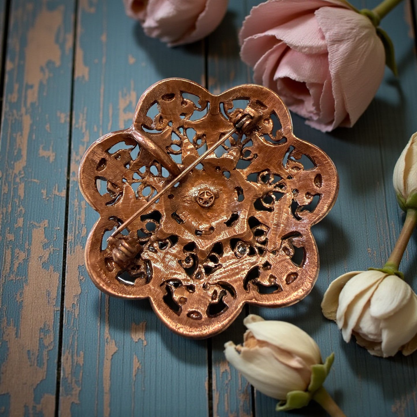 Gioiello doppio: spilla o pendente vintage 70s bigiotteria Americana con strass rosa