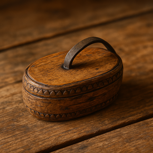 Snuff box scandinava intagliata nel legno con laccetto in cuoio