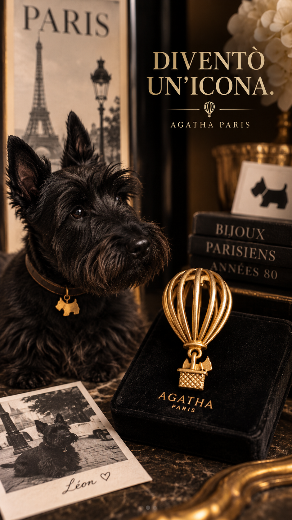 Spilla gioiello Agatha Paris con cane Scottie in volo su mongolfiera