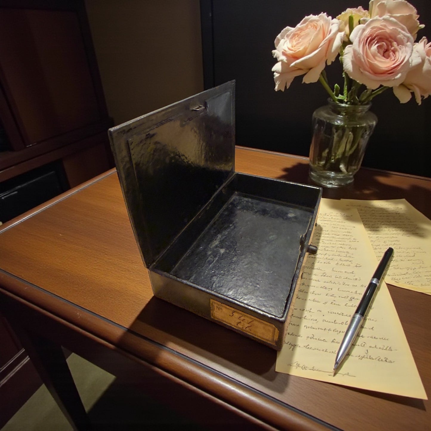 Antica scatola vittoriana in papier maché, inglese, decorata finemente