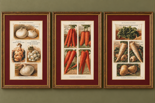 Tris antiche stampe cromolitho botaniche Vilmorin-Andrieux originali del 1883 verticali