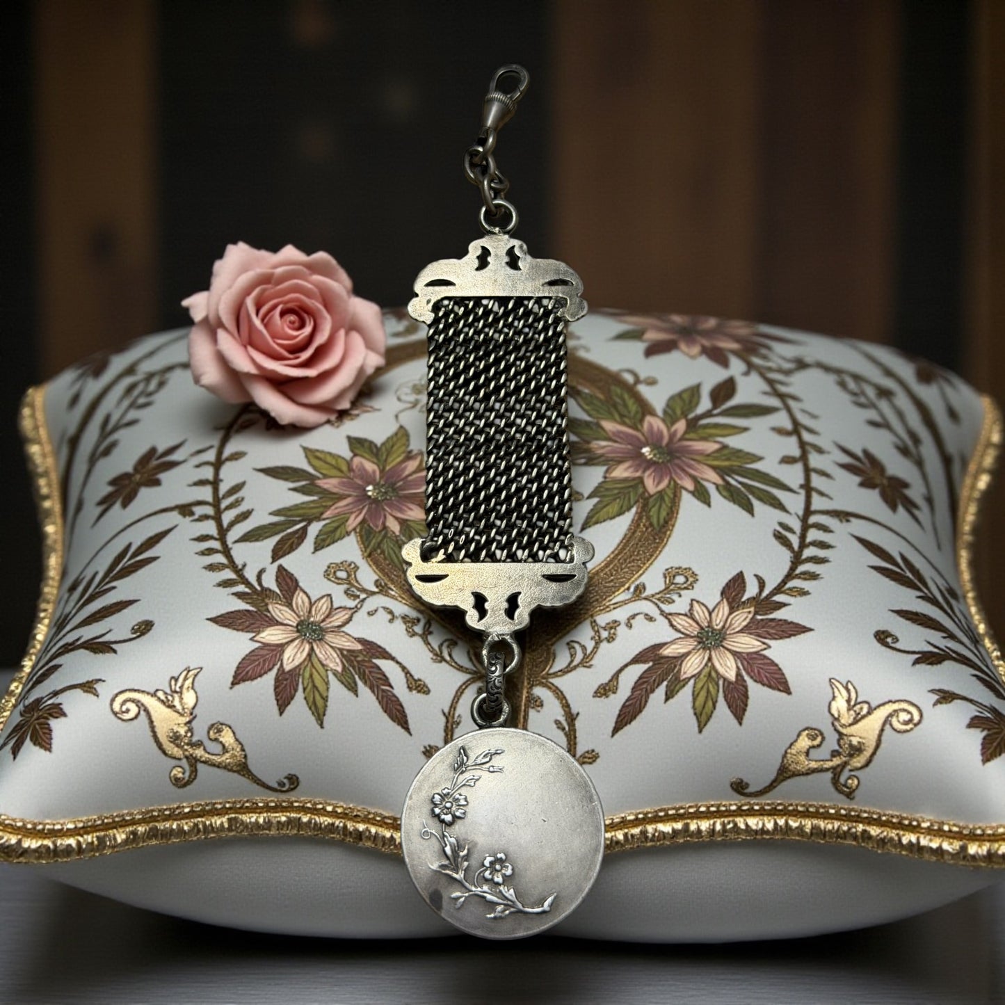 Gioiello catena da panciotto in argento massiccio con medaglia bifacciale Liberty - fine ‘800 primo ‘900