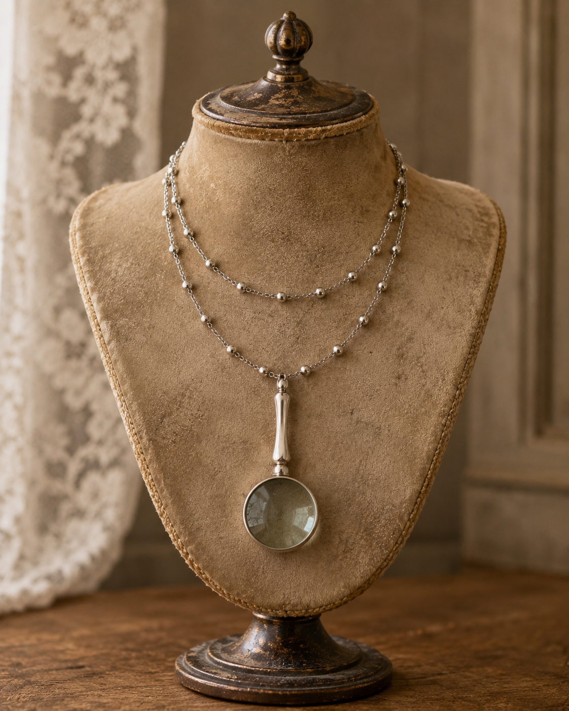 Lente da ricamatrice da chatelaine o collana con la sua catena lunga oltre 1 Mt