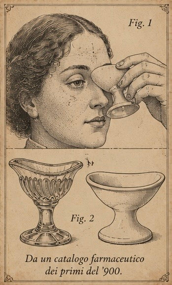 Coppia di Lavaocchi antichi, ceramica e vetro, strumenti medicali d’epoca