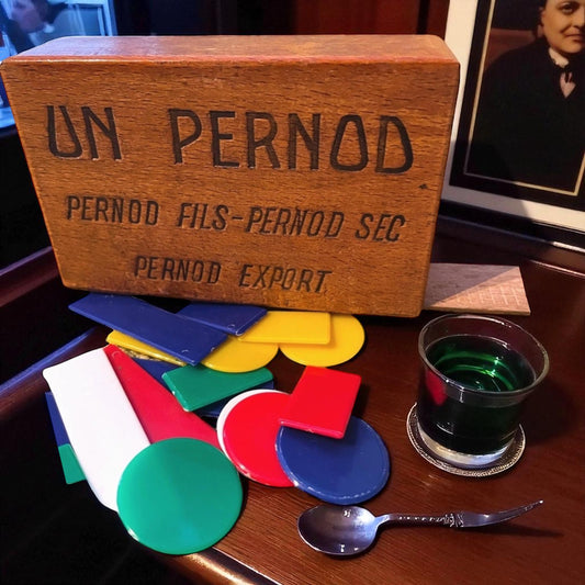 Scatola in legno originale Pernod, fine anni ‘40 completa di gettoni da gioco
