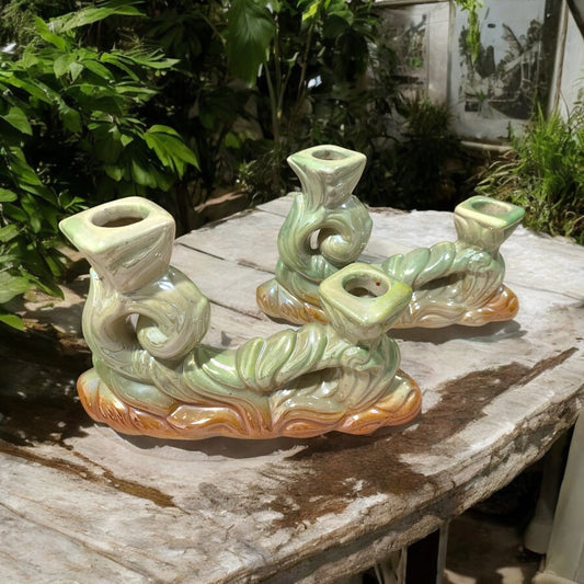 Coppia candelabri Art Nouveau anni ‘30 ceramica iridescente