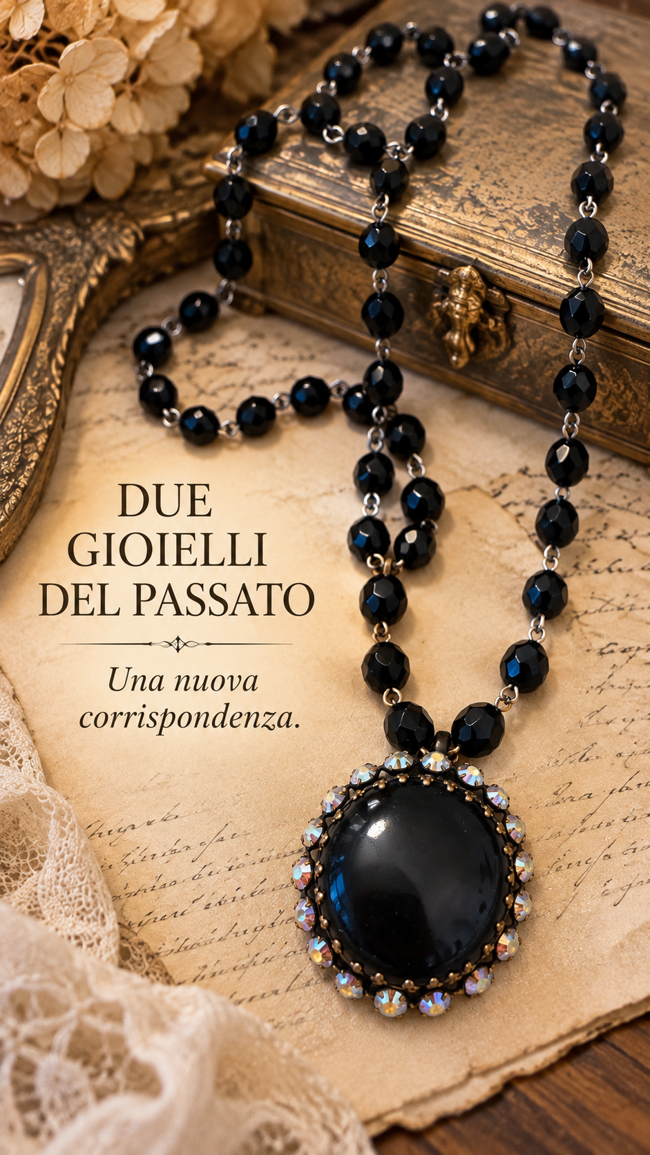 Collana total black in perle di vetro sfaccettato con pendente nero e cornice Aurora Borealis