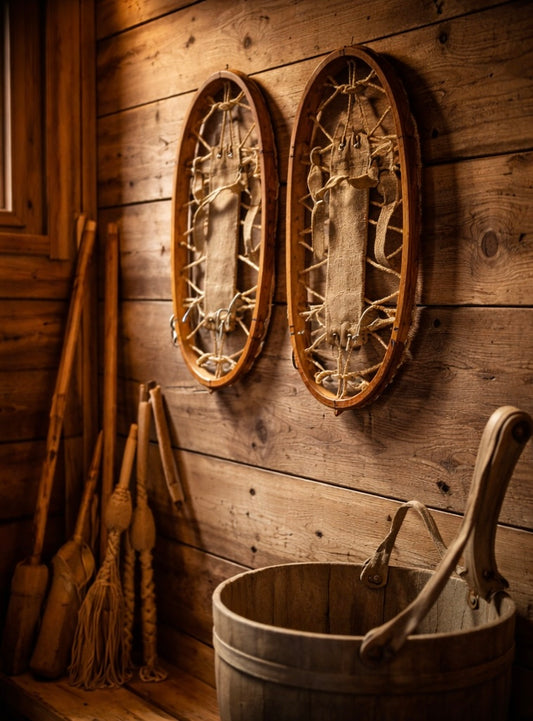 Coppia ciaspole in legno incurvato e corda, francesi, anni ‘50