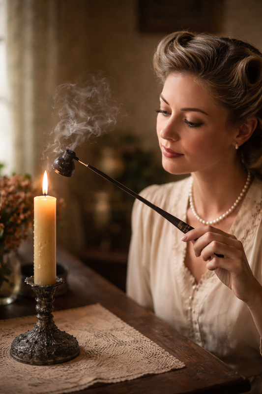 Spegni candele con campana mobile, decorato, in ghisa