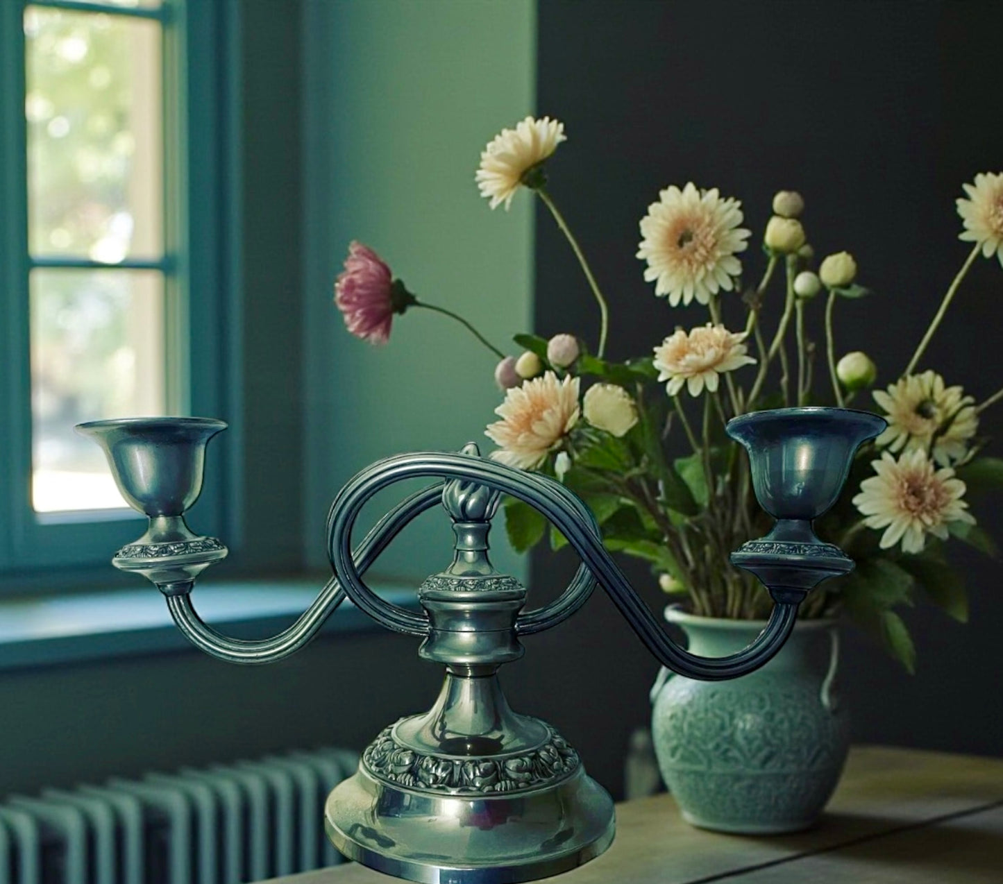 Candelabro argentato IANTHE a due luci, british anni ‘50