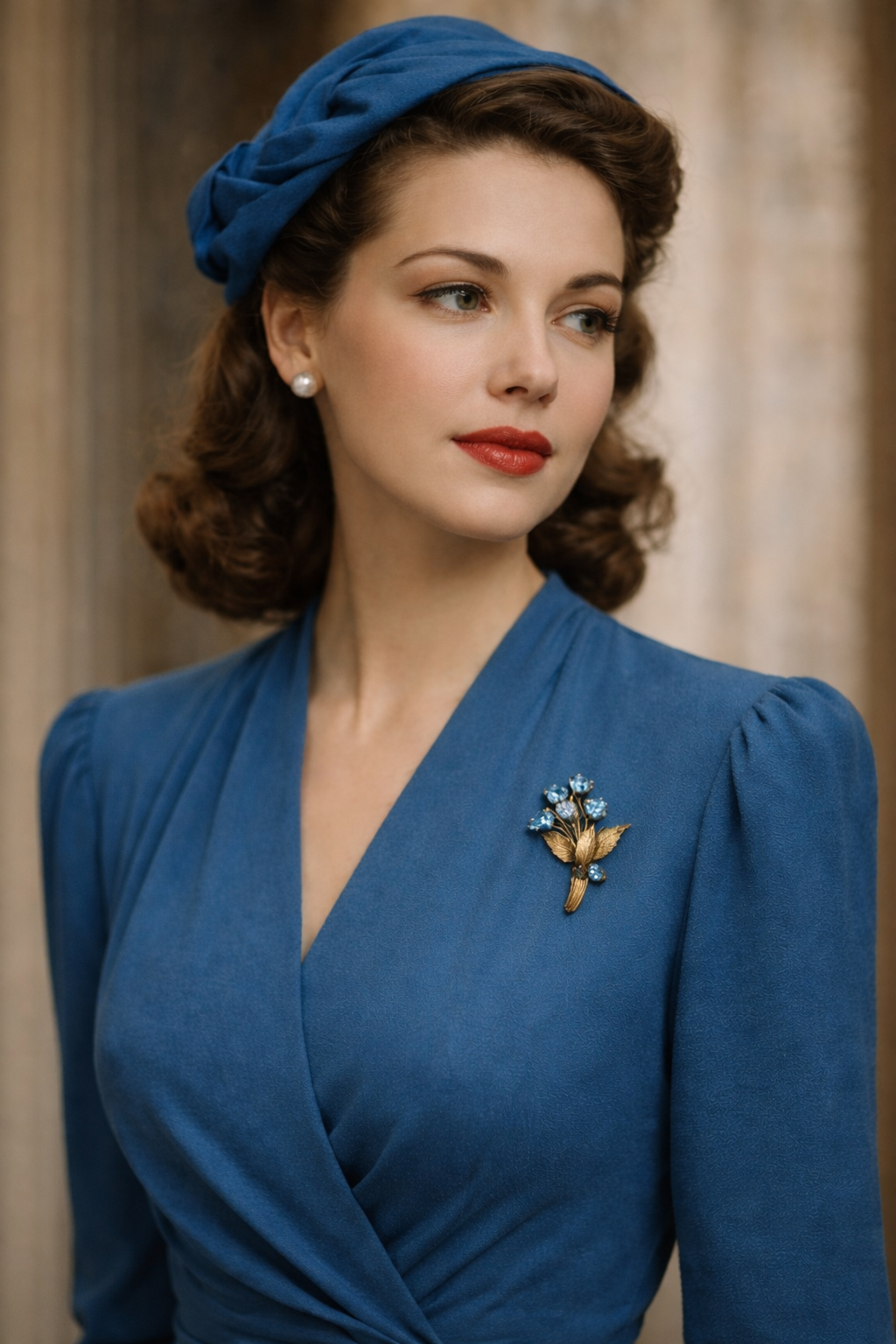 Spilla bouquet floreale anni ‘40 firmata, placcata oro con cristalli azzurri